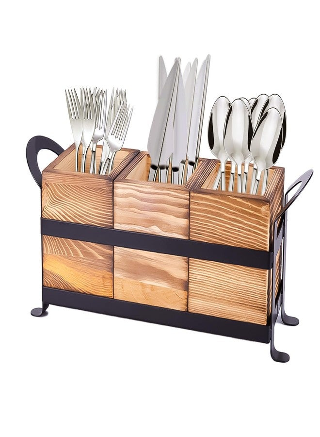 Earssa Wood Utensil Holder Silverware Caddy with Metal Rack Detachable Utensil Caddy for Party Flatware Organizer for Kitchen Forks Spoons Knives Storage - Image 1